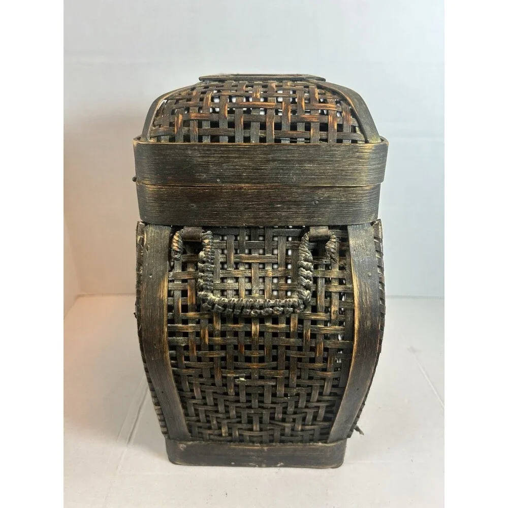 Vintage Woven Wood Basket Box Latch Lid Rustic Decor Storage 11” Tall